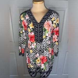 J.M. Collection Medium Tunic – Tropical Hibiscus & Leopard Print | Office Chic